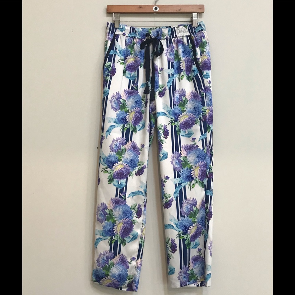 J. Crew White Floral Drawstring Pants with Blue & Purple Print